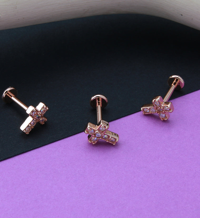 Rose Gold PVD Cross Aura CZ Gem Labret Post