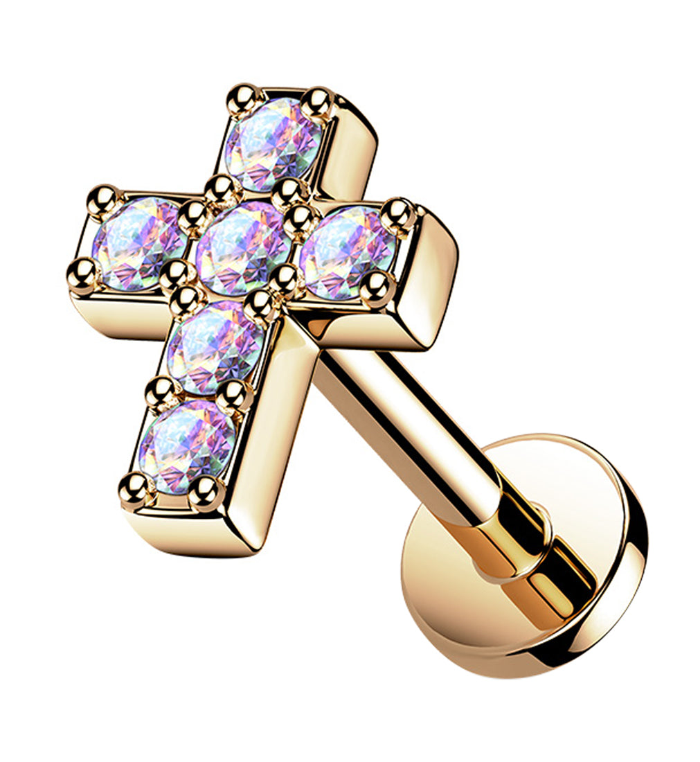 Rose Gold PVD Cross Aura CZ Gem Labret Post
