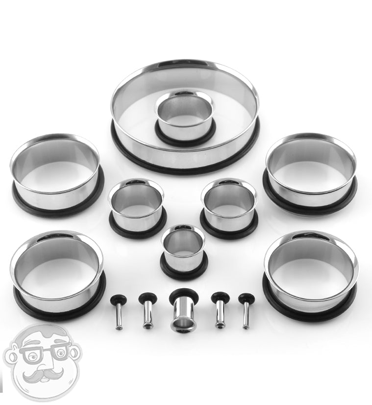Stainless Steel Tunnels - Single Flare, set of sizes from small to large with black O-rings