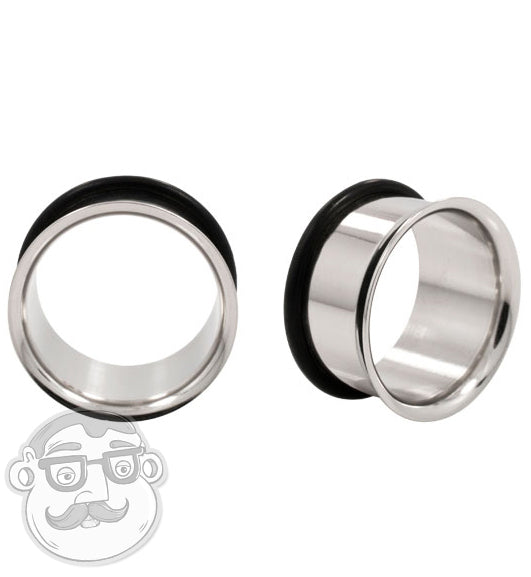 Stainless Steel Tunnels - Single Flare, pair in front and angled views with black O-rings