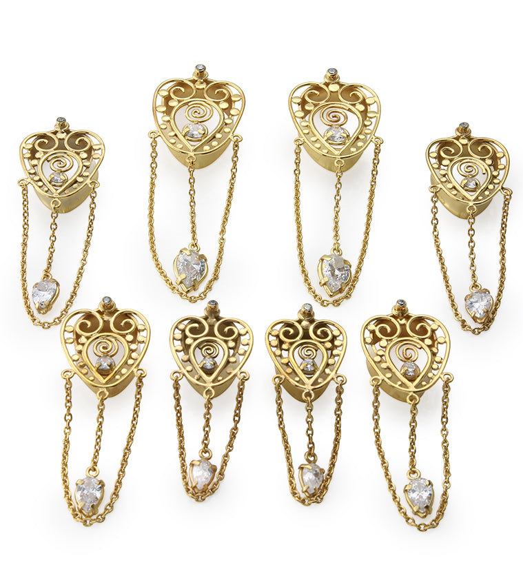Gold PVD Brass Filigree Teardrop Tunnel Plugs With Chains