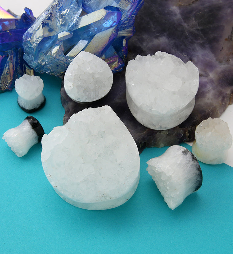 White Agate Druzy Stone Teardrop Plugs