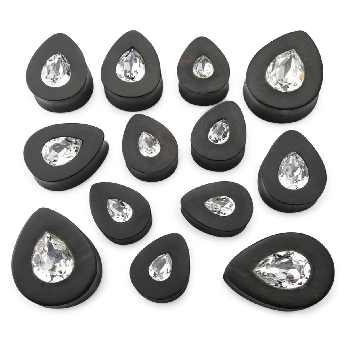 Areng Wooden Teardrop Plugs with Teardrop Swarovski CZ Inlay