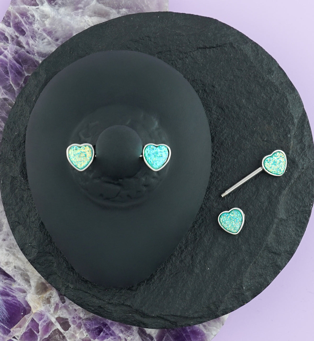 14G Aqua Druzy Heart Nipple Ring Barbell