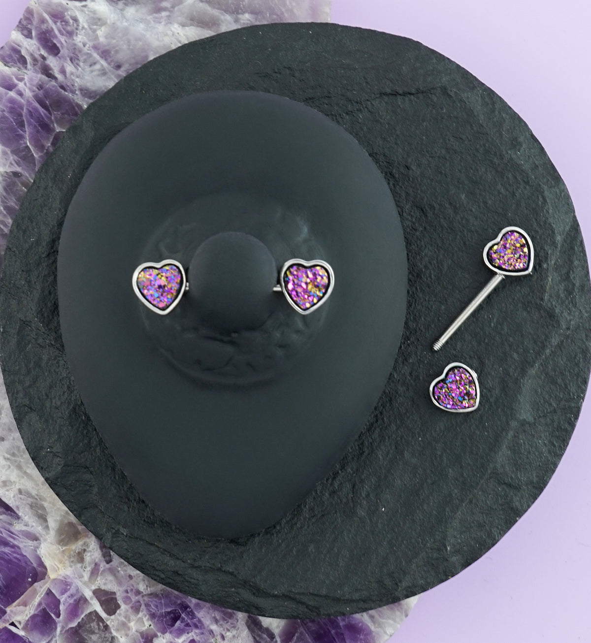 14G Black Druzy Heart Nipple Ring Barbell