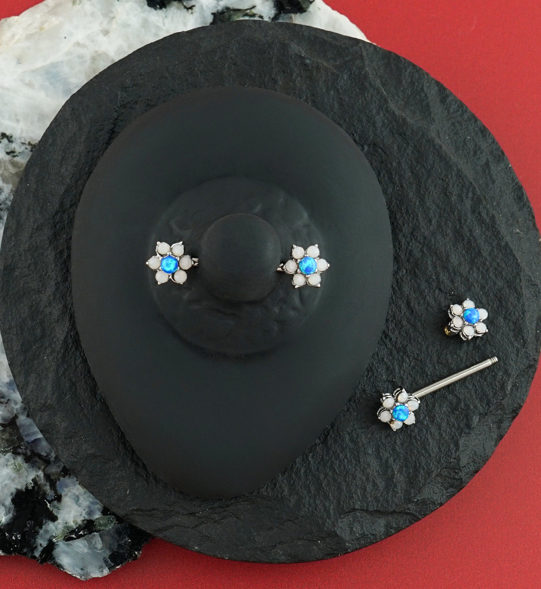 14G Blue & White Opalite Flower Nipple Ring Barbell