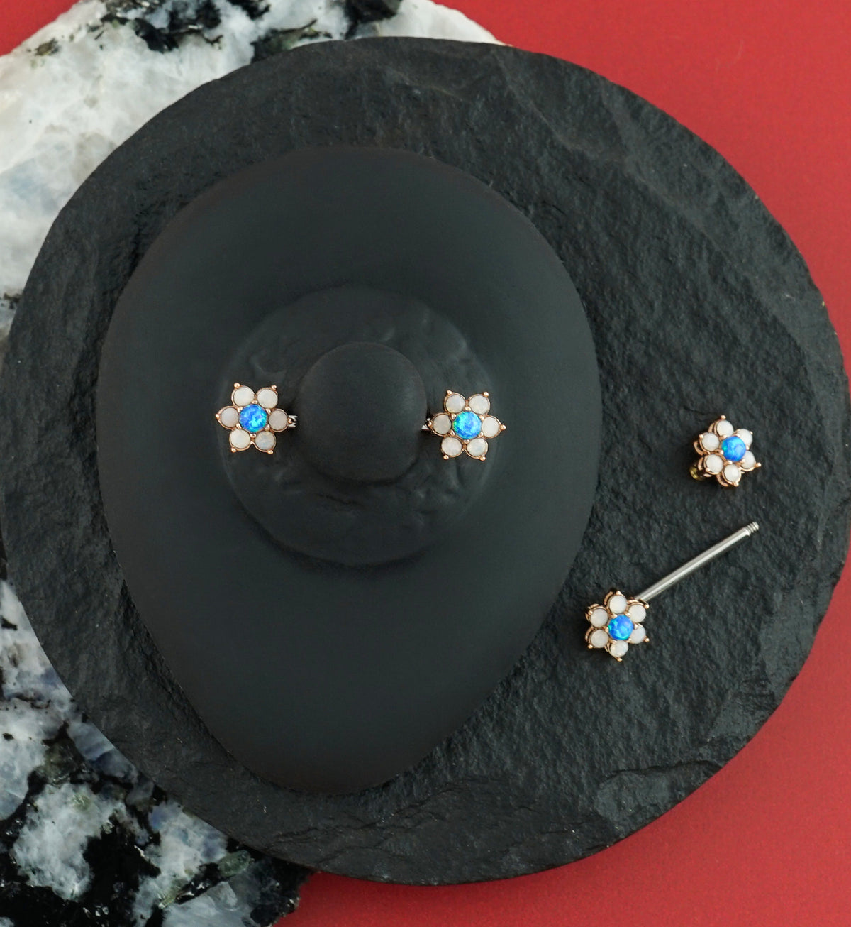 14G Blue & White Opalite Flower Rose Gold Flower Nipple Ring Barbell