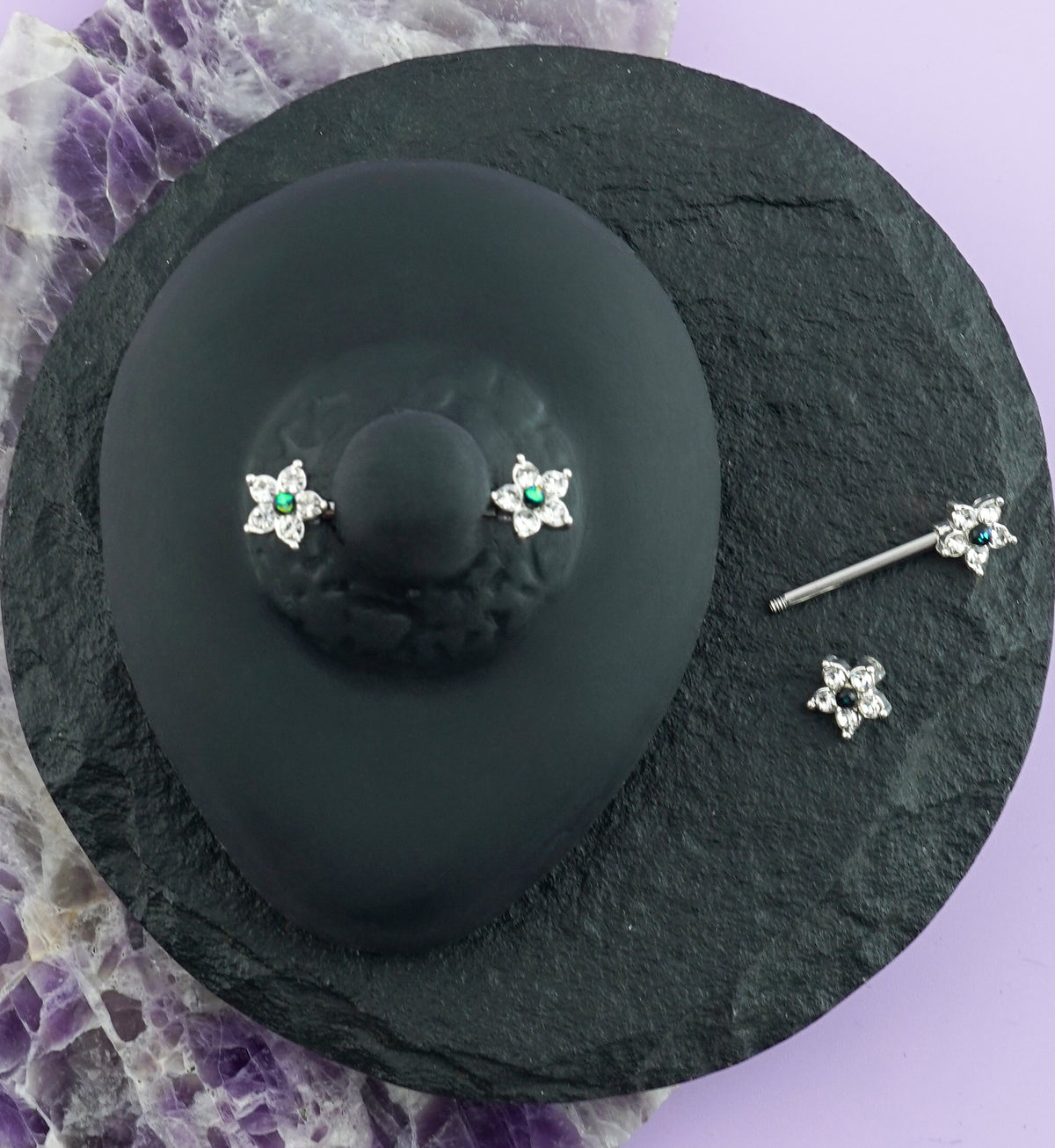 14G Dark Green Opalite & CZ Nipple Ring Barbell