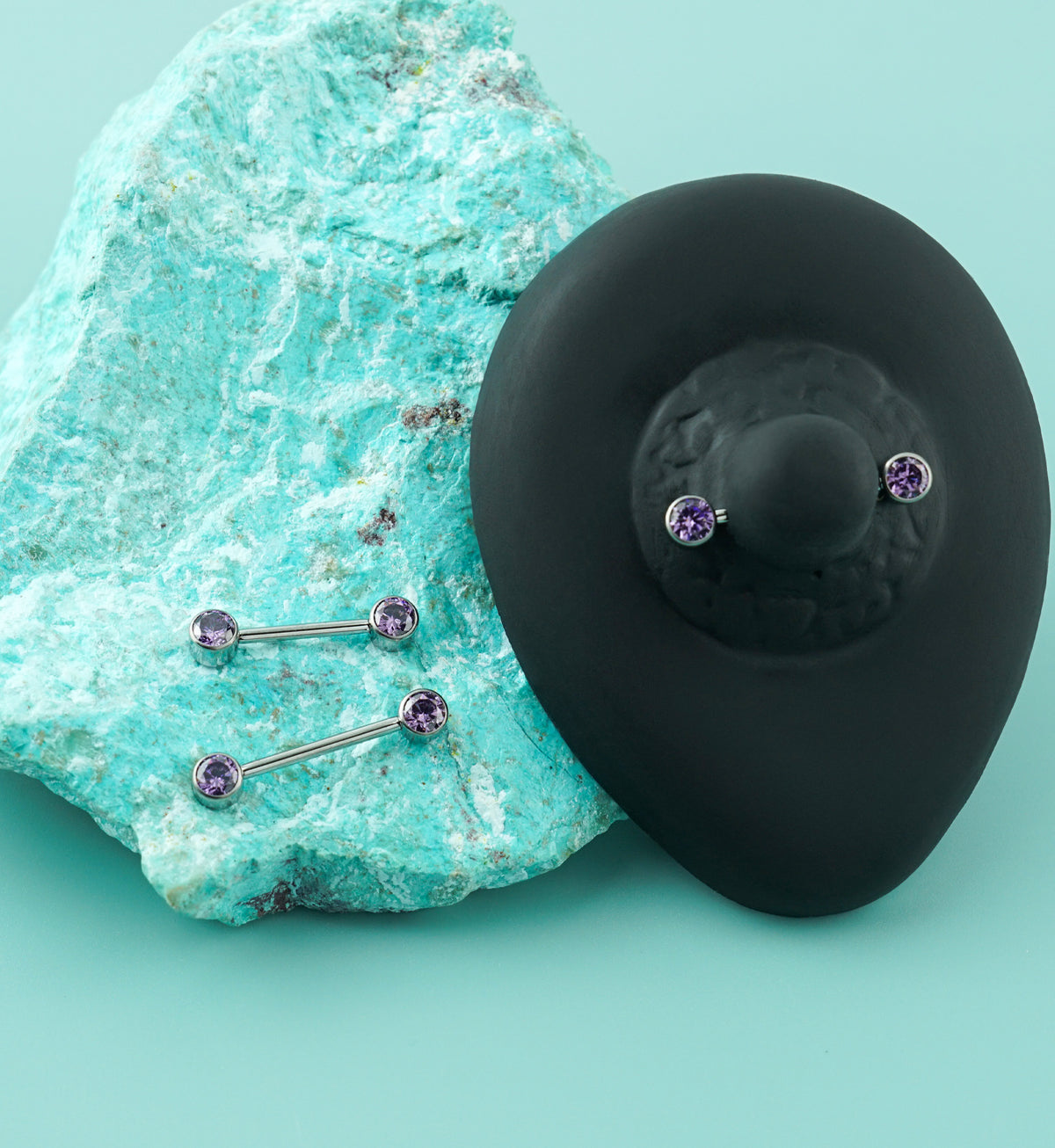 14G Double Amethyst CZ Titanium Internally Threaded Nipple Ring Barbell