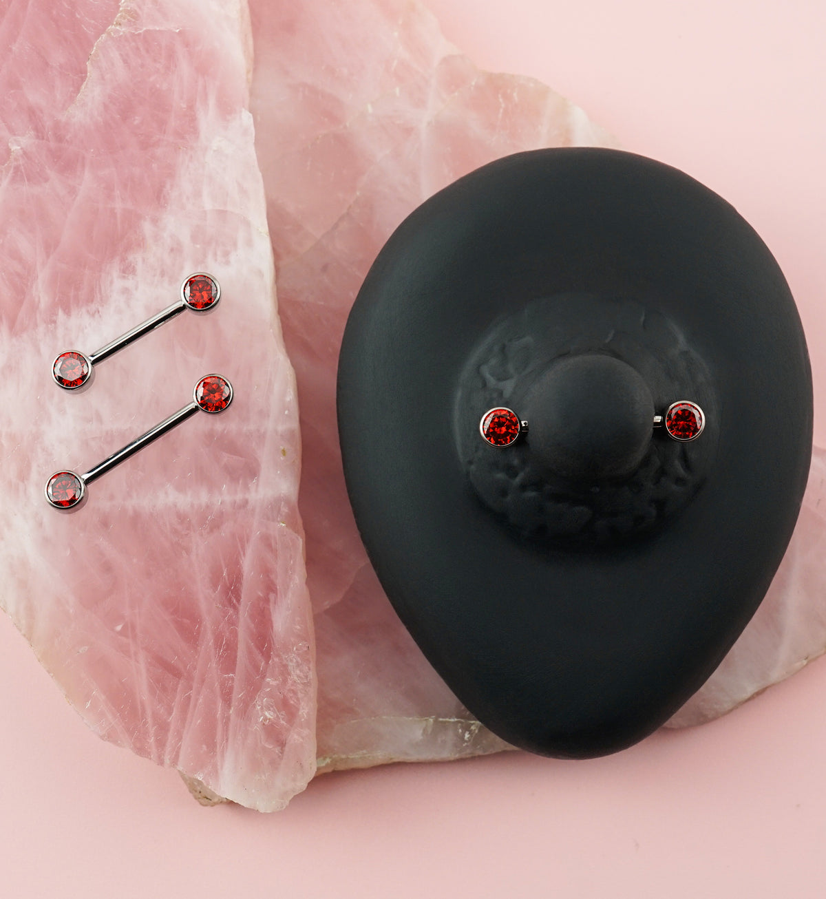 14G Double Garnet CZ Titanium Internally Threaded Nipple Ring Barbell