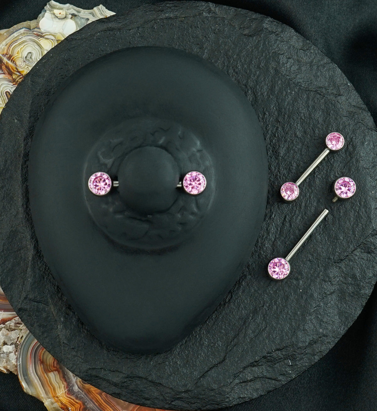 14G Double Pink CZ Titanium Nipple Ring Barbell