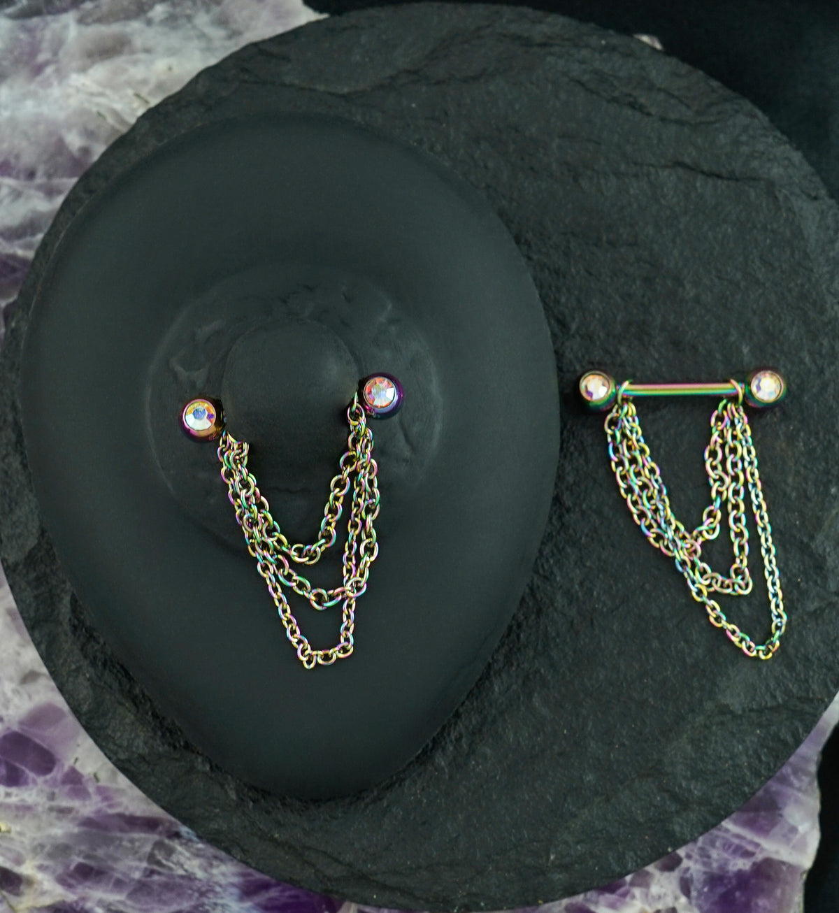 14G Rainbow PVD Rainbow Aurora CZ Chained Nipple Rings Barbell