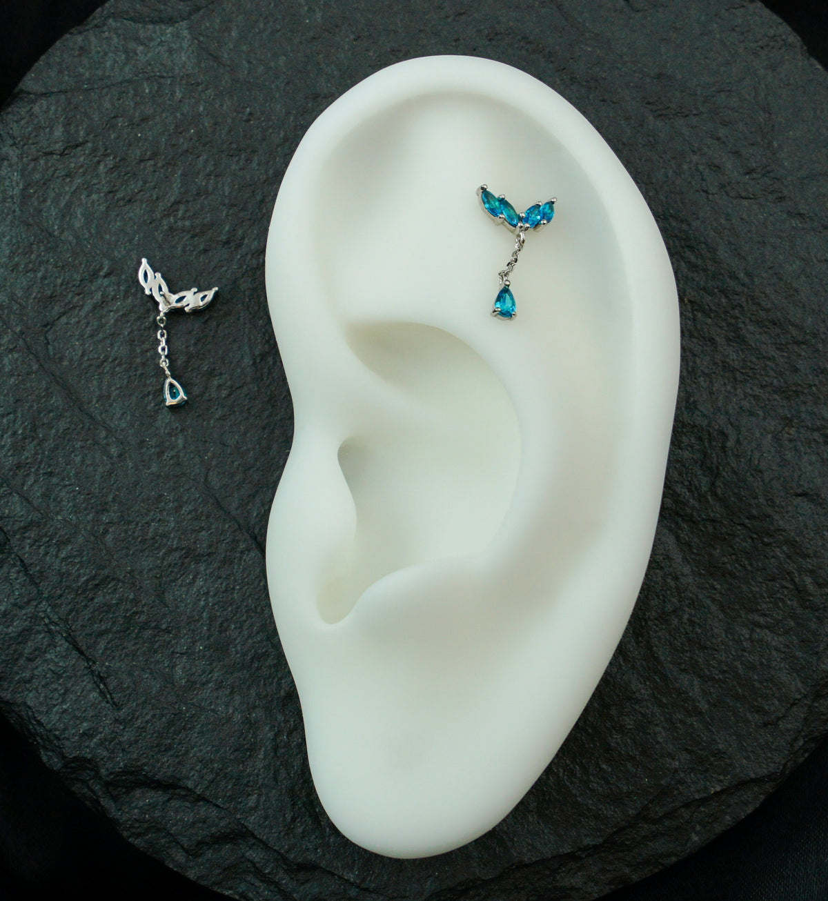 14kt White Gold Arrow Marquise Blue Topaz CZ Dangle Threadless Top