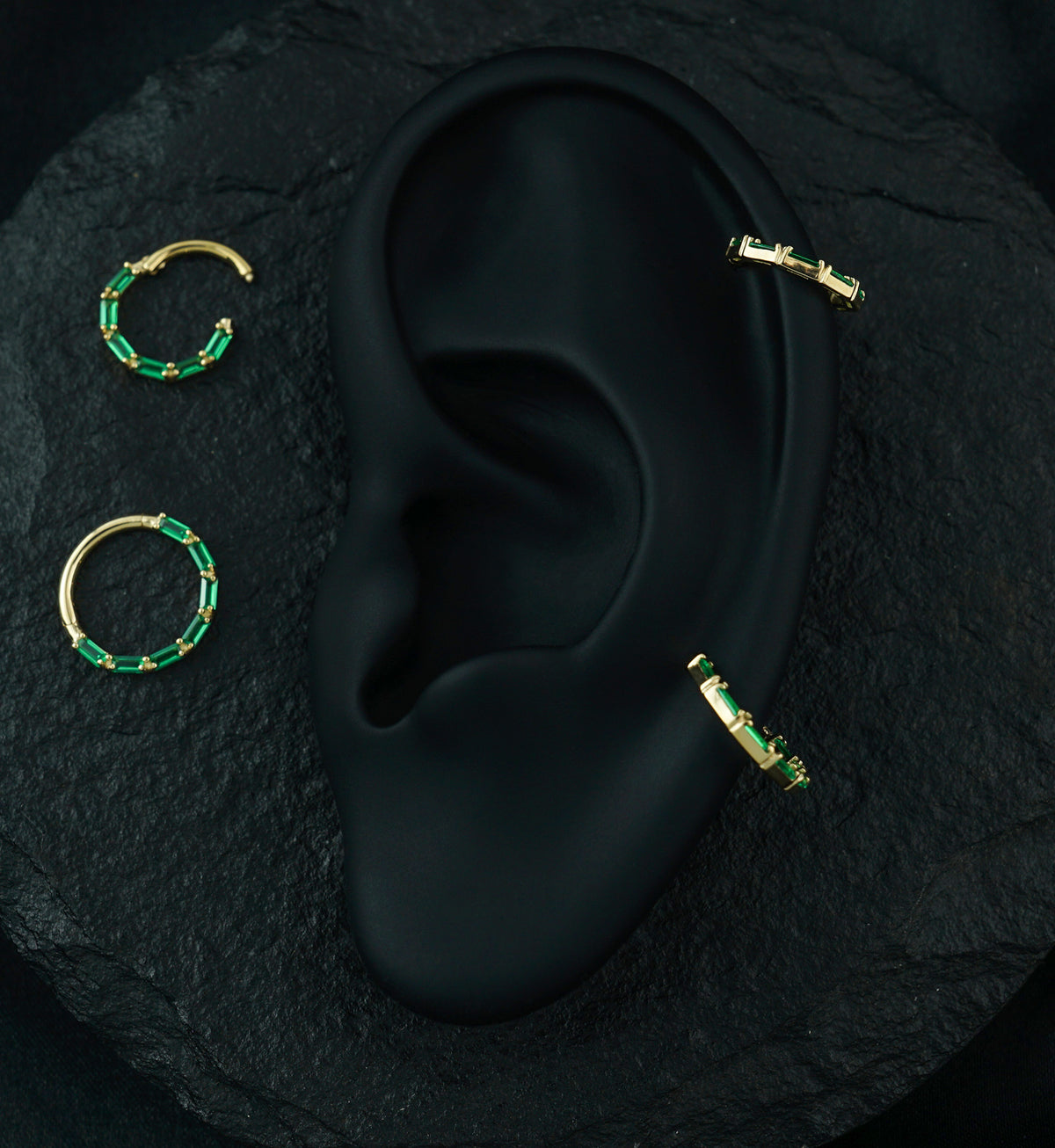 14kt Gold Baguette Row Emerald CZ Hinged Segment Ring