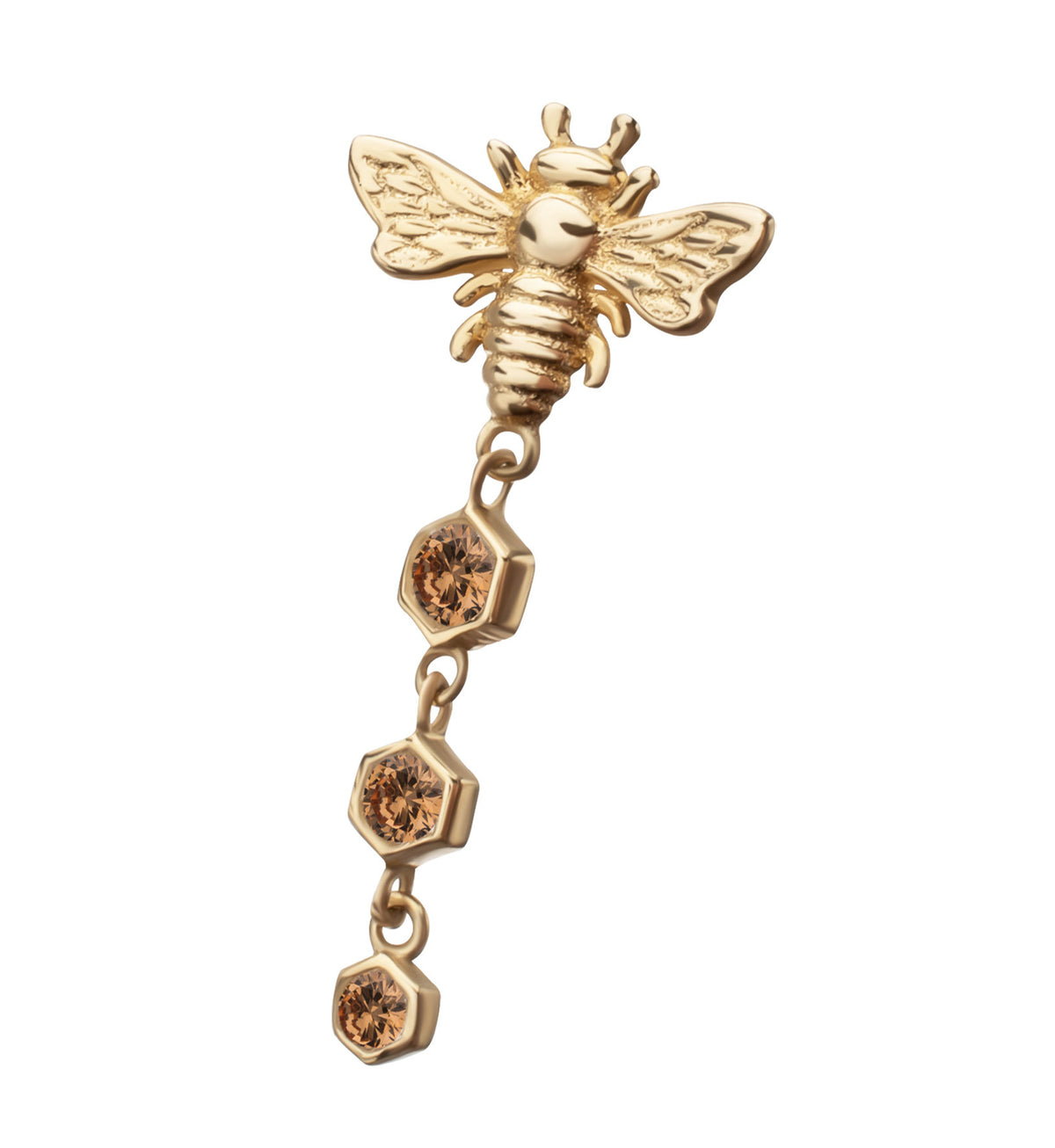 14kt Gold Bee Hex Dangle Champagne CZ Threadless Top