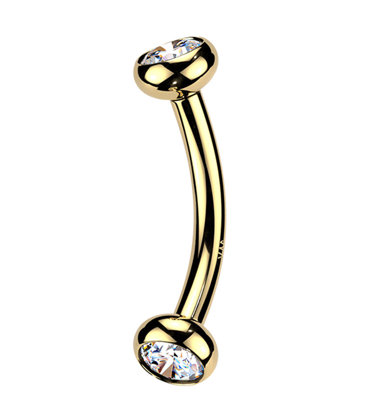 14kt Gold Bezel CZ Long Thread Internally Threaded Curved Barbell