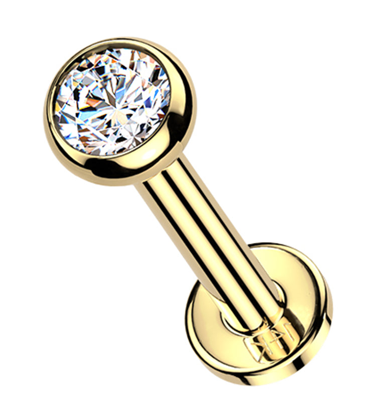 14kt Gold Bezel CZ Long Thread Internally Threaded Labret