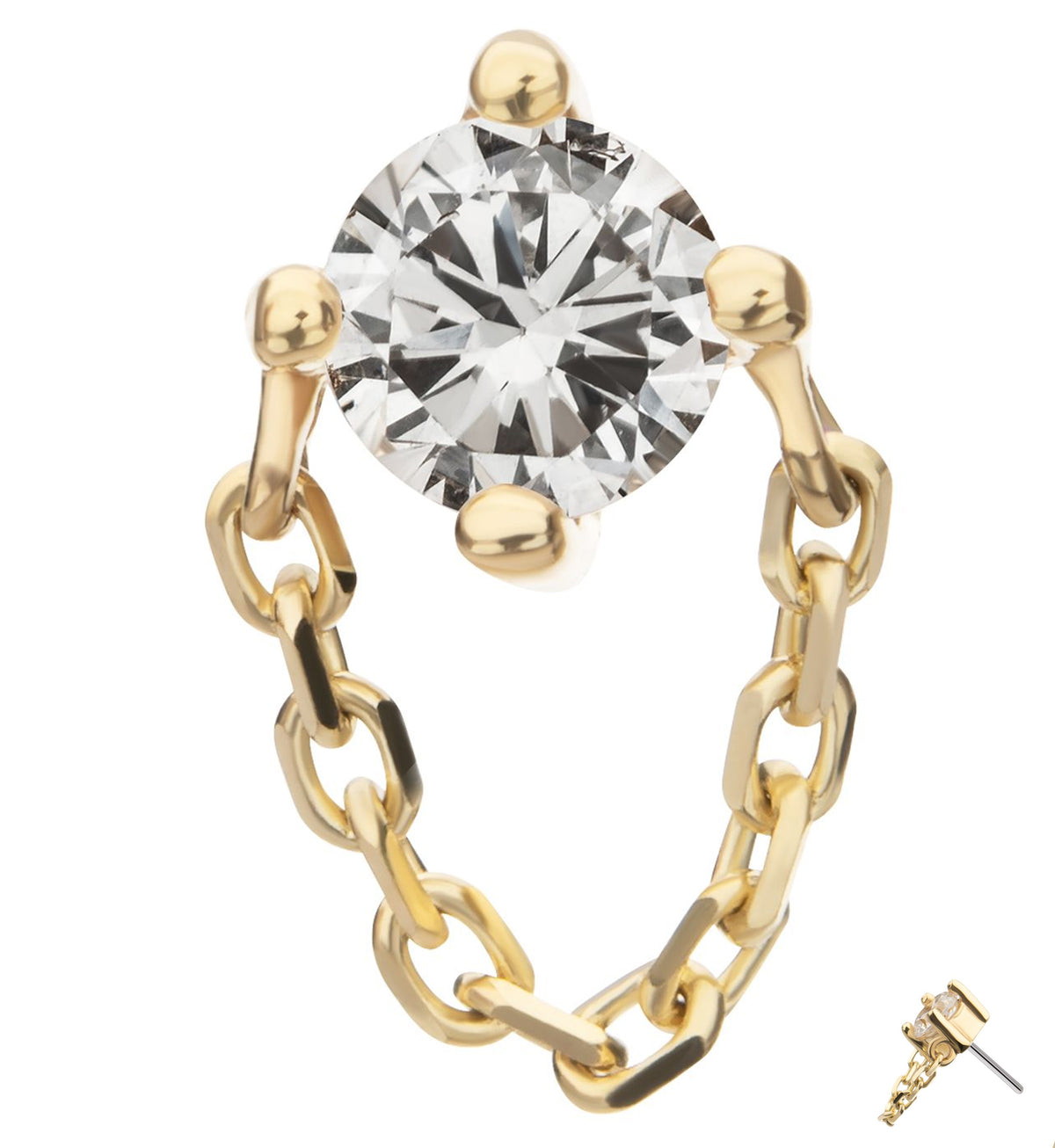 14kt Gold Clear CZ Dangle Rolo Chain Threadless Top