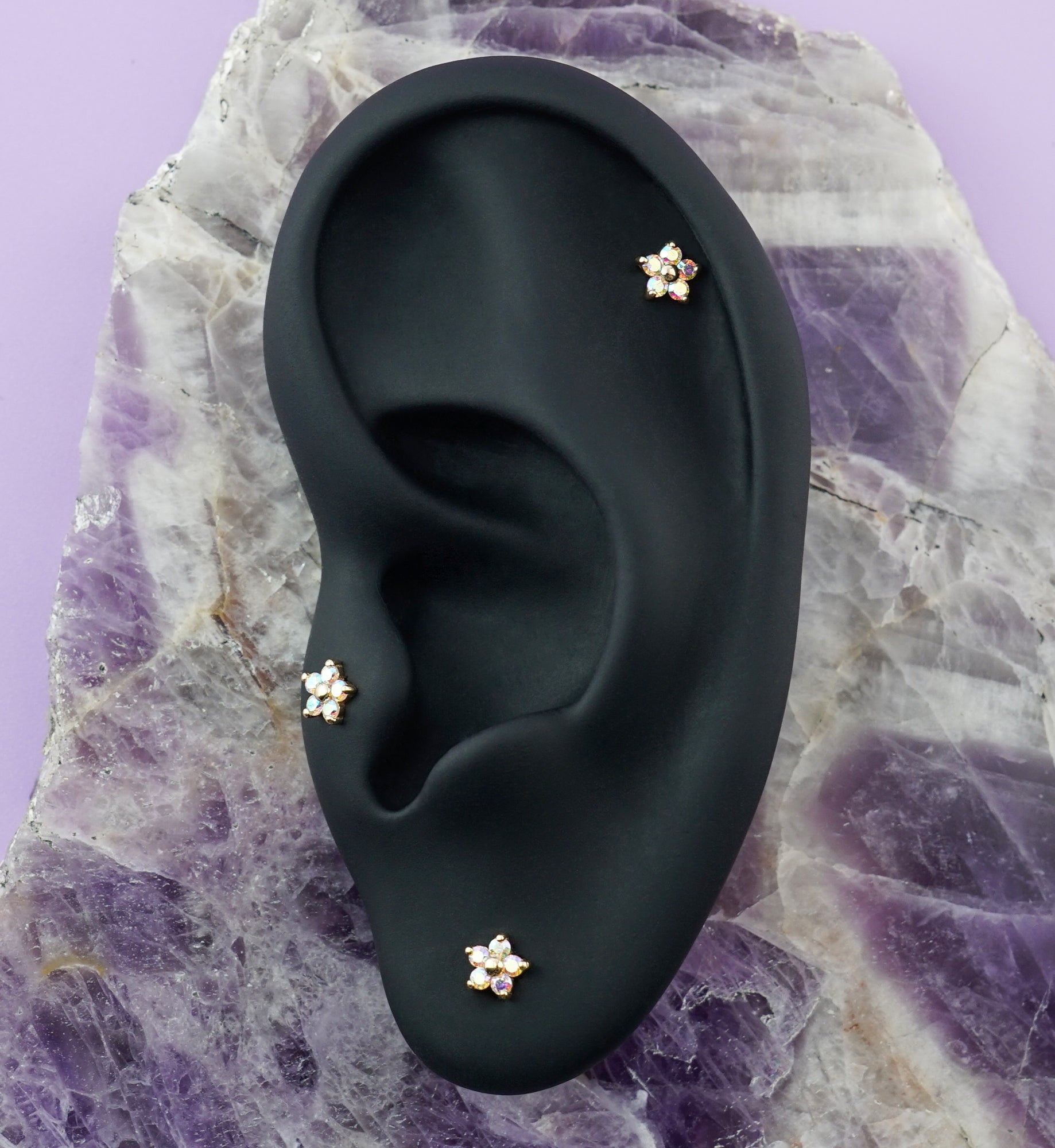 14kt Gold Daisy Rainbow Aurora CZ Threadless Top