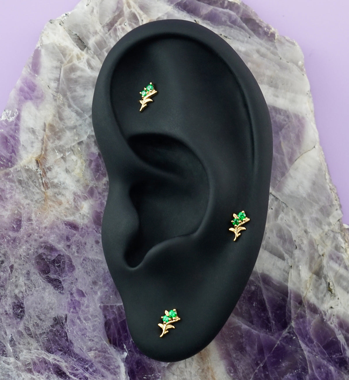 14kt Gold Double Bloom Emerald CZ Threadless Top