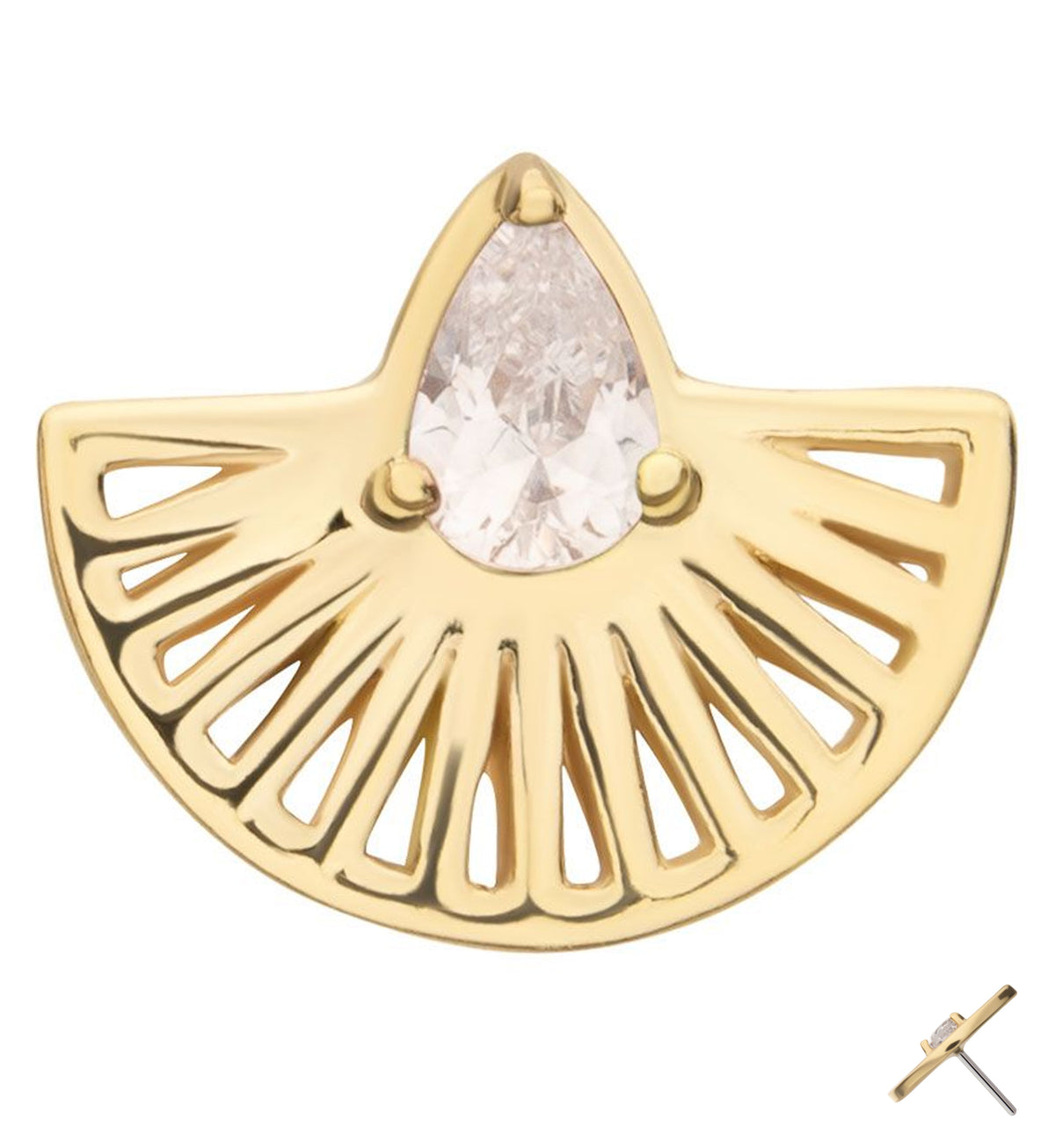 14kt Gold Fan Burst Teardrop Clear CZ Threadless Top