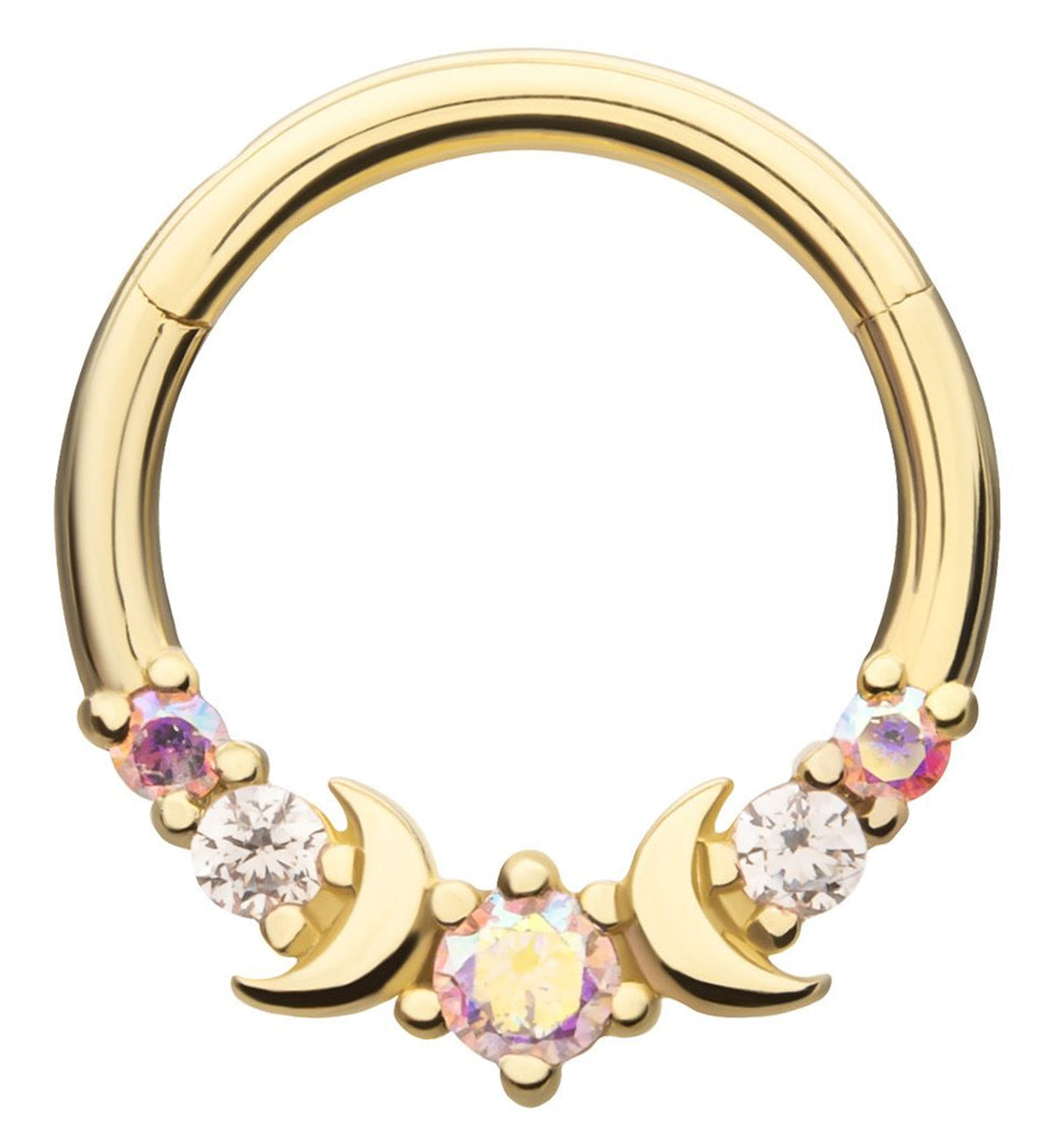 14kt Gold Half Moon Accent Rainbow Aurora CZ Hinged Segment Ring