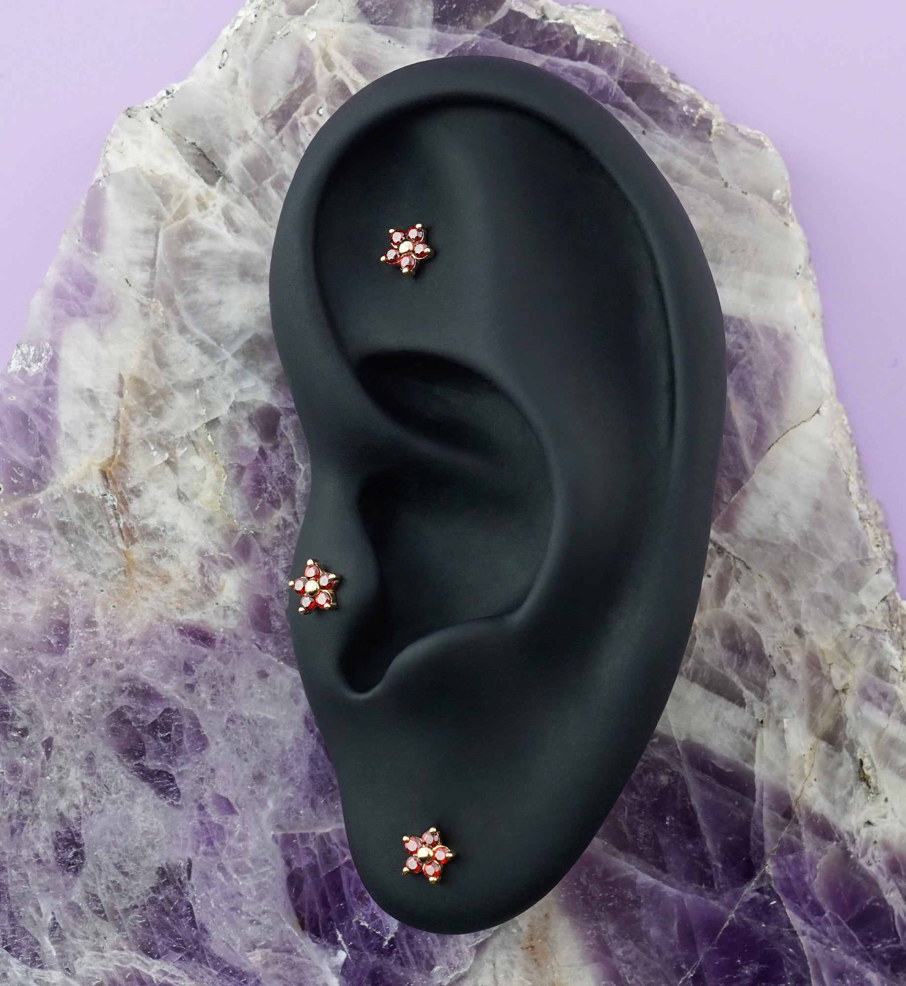 14kt Gold Mini Daisy Garnet CZ Threadless Top