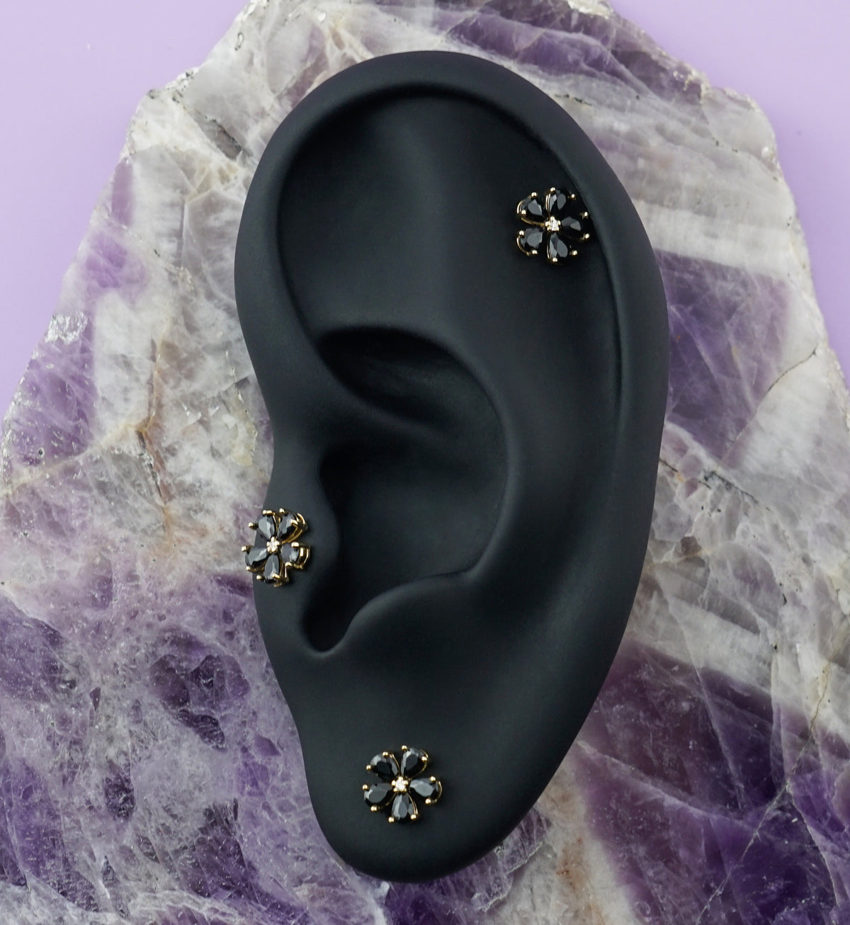 14kt Gold Myosotis Black CZ Threadless Top