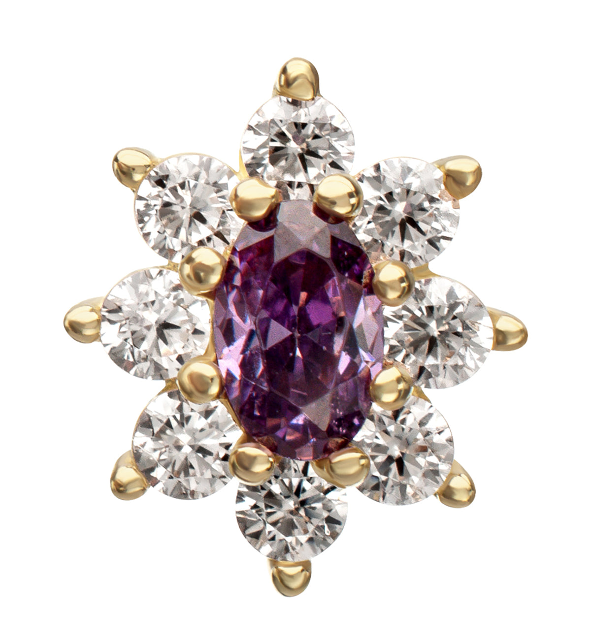 14kt Gold Oval Flower Amethyst CZ Threadless Top