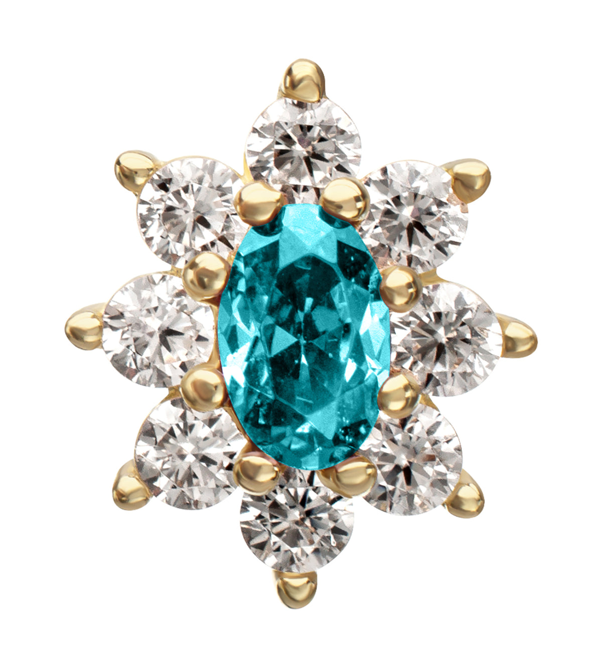 14kt Gold Oval Flower Aqua CZ Threadless Top