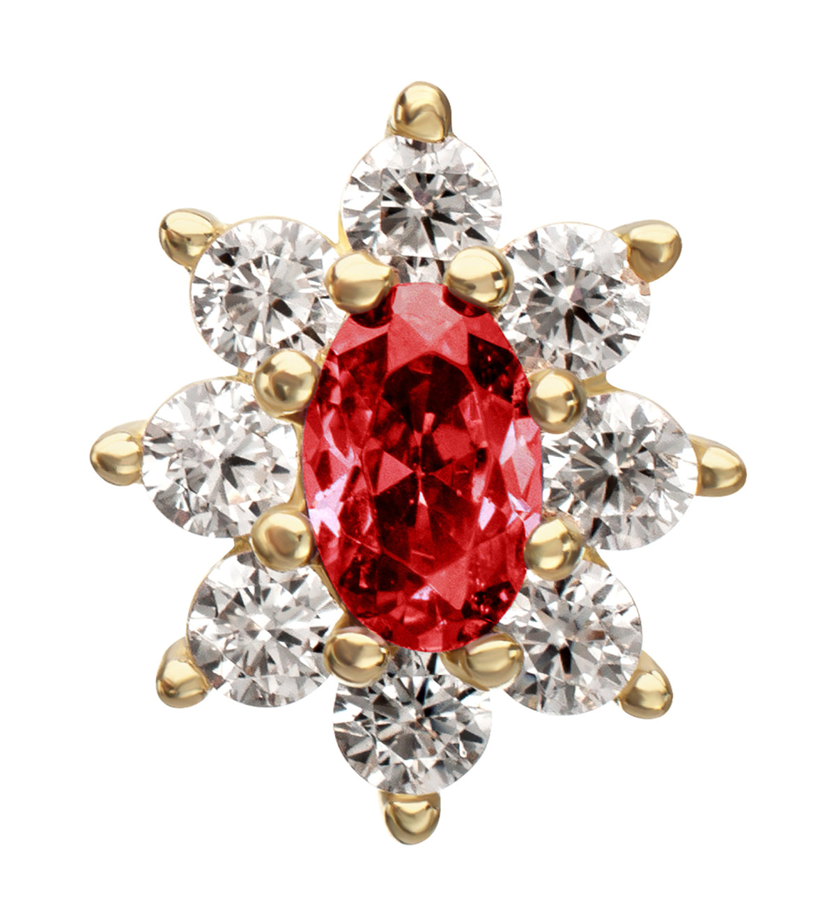 14kt Gold Oval Flower Garnet CZ Threadless Top