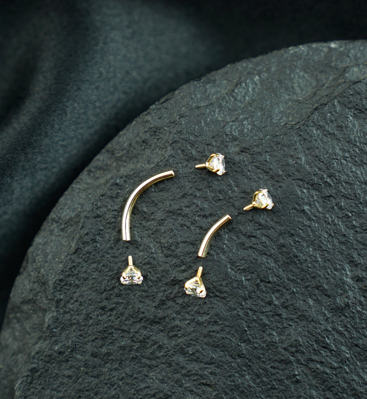 14kt Gold Prong CZ Long Thread Internally Threaded Curved Barbell