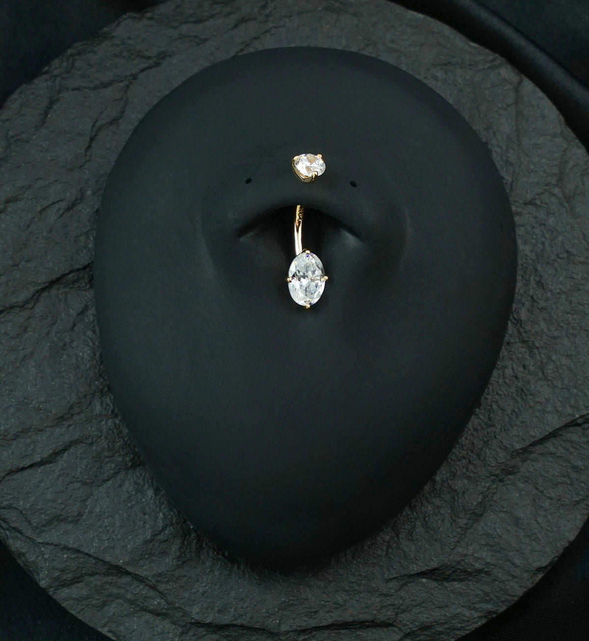 14kt Gold Prong Oval Clear CZ Belly Button Ring