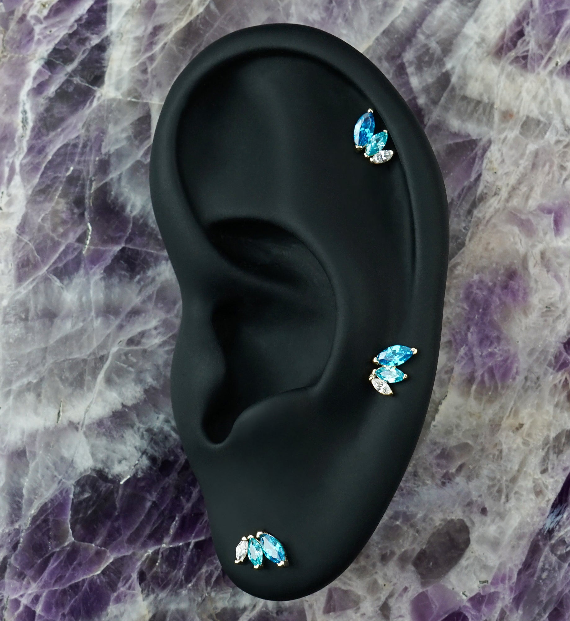14kt Gold Triple Marquise Blue Topaz CZ Threadless Top