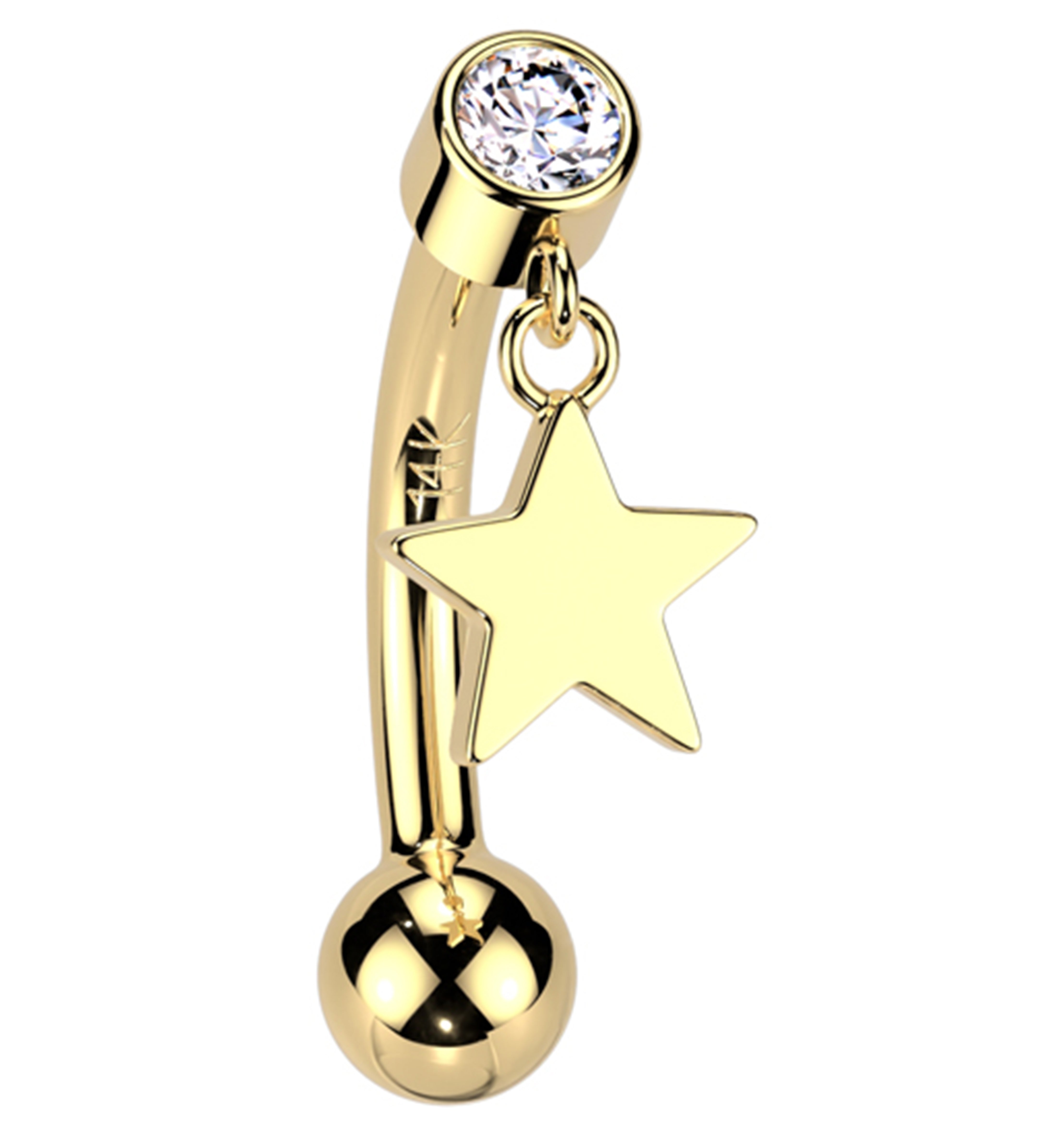 14kt Gold Star Dangle Clear CZ Threadless Curved Barbell
