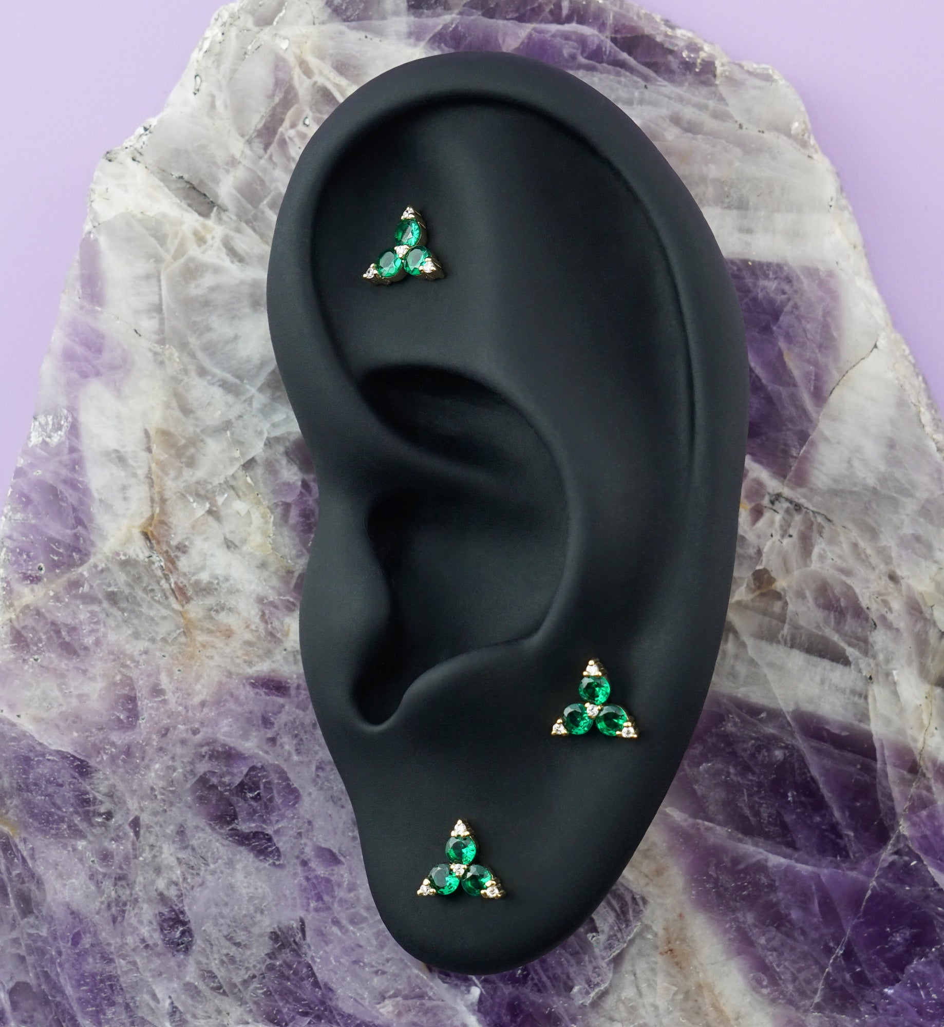 14kt Gold Triad Emerald Green CZ Threadless Top