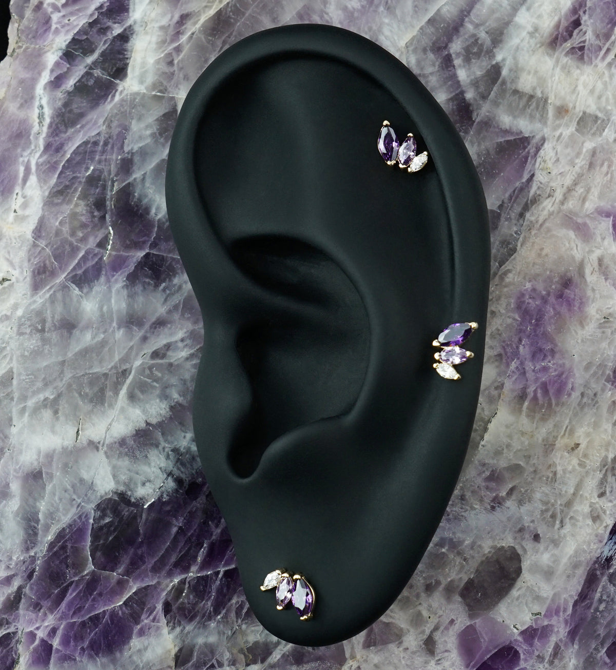 14kt Gold Triple Marquise Amethyst CZ Threadless Top