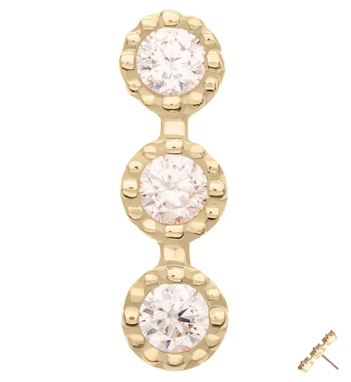 14kt Gold Triple Stacked Beaded Clear CZ Threadless Top