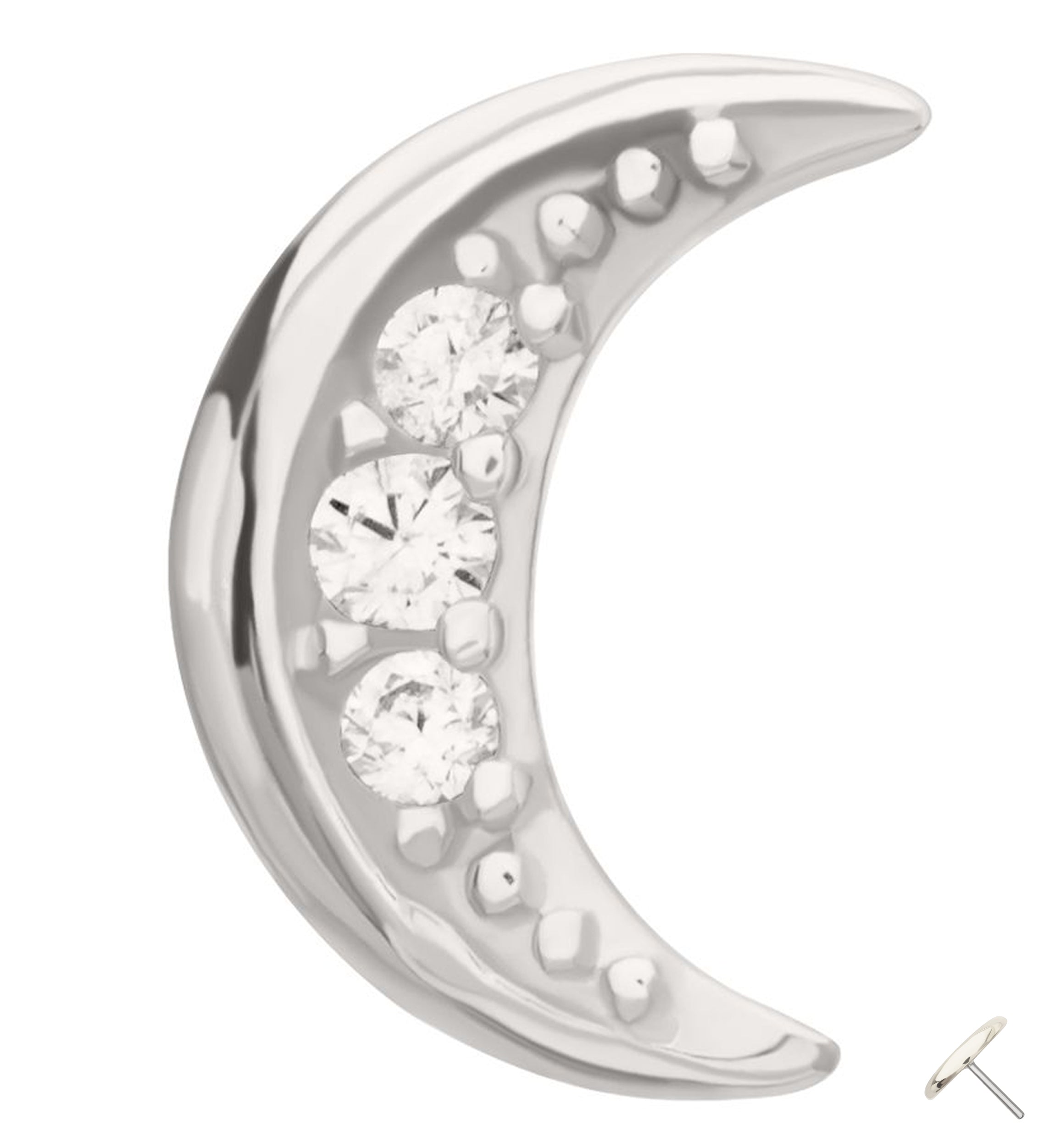 14kt White Gold Beaded Half Moon Clear CZ Dangle Threadless Top