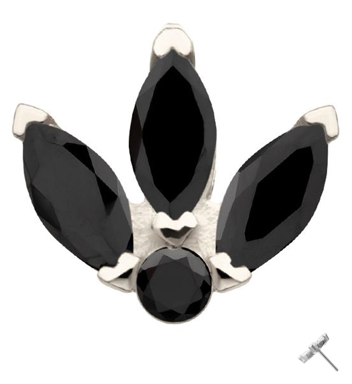 14kt White Gold Tri Sepal Black CZ Threadless Top