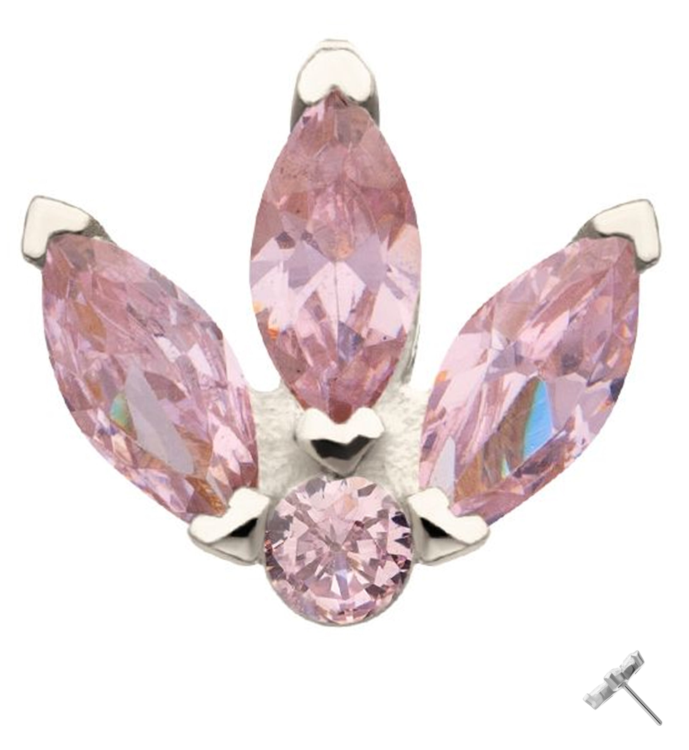 14kt White Gold Tri Sepal Pink CZ Threadless Top