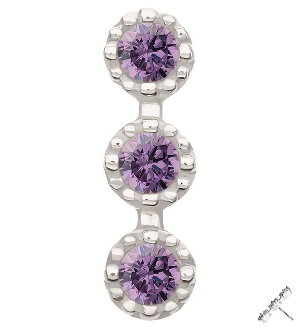 14kt White Gold Triple Stacked Beaded Amethyst CZ Threadless Top