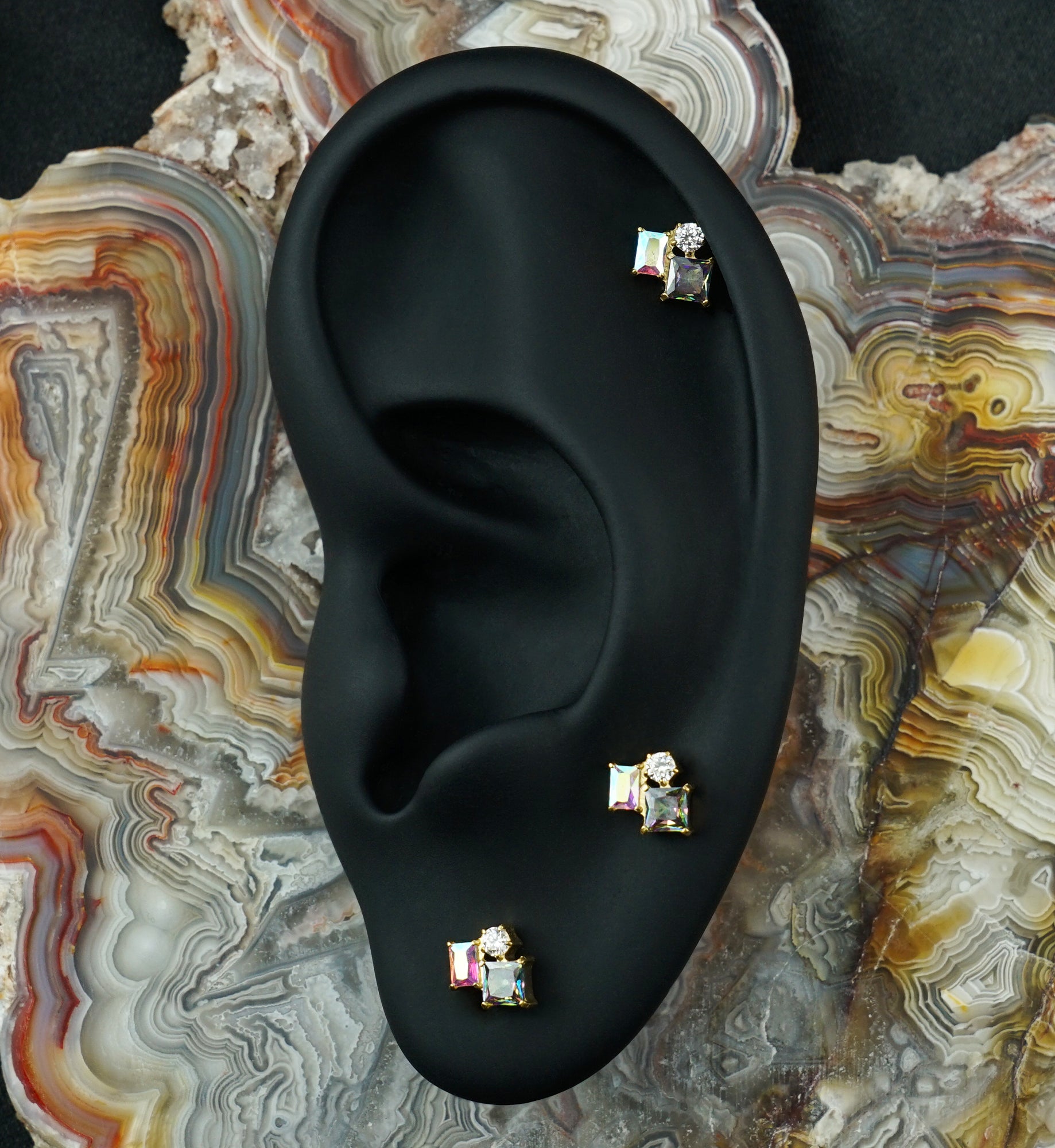 24kt Gold PVD Amalgam Black Aurora CZ Titanium Threadless Top