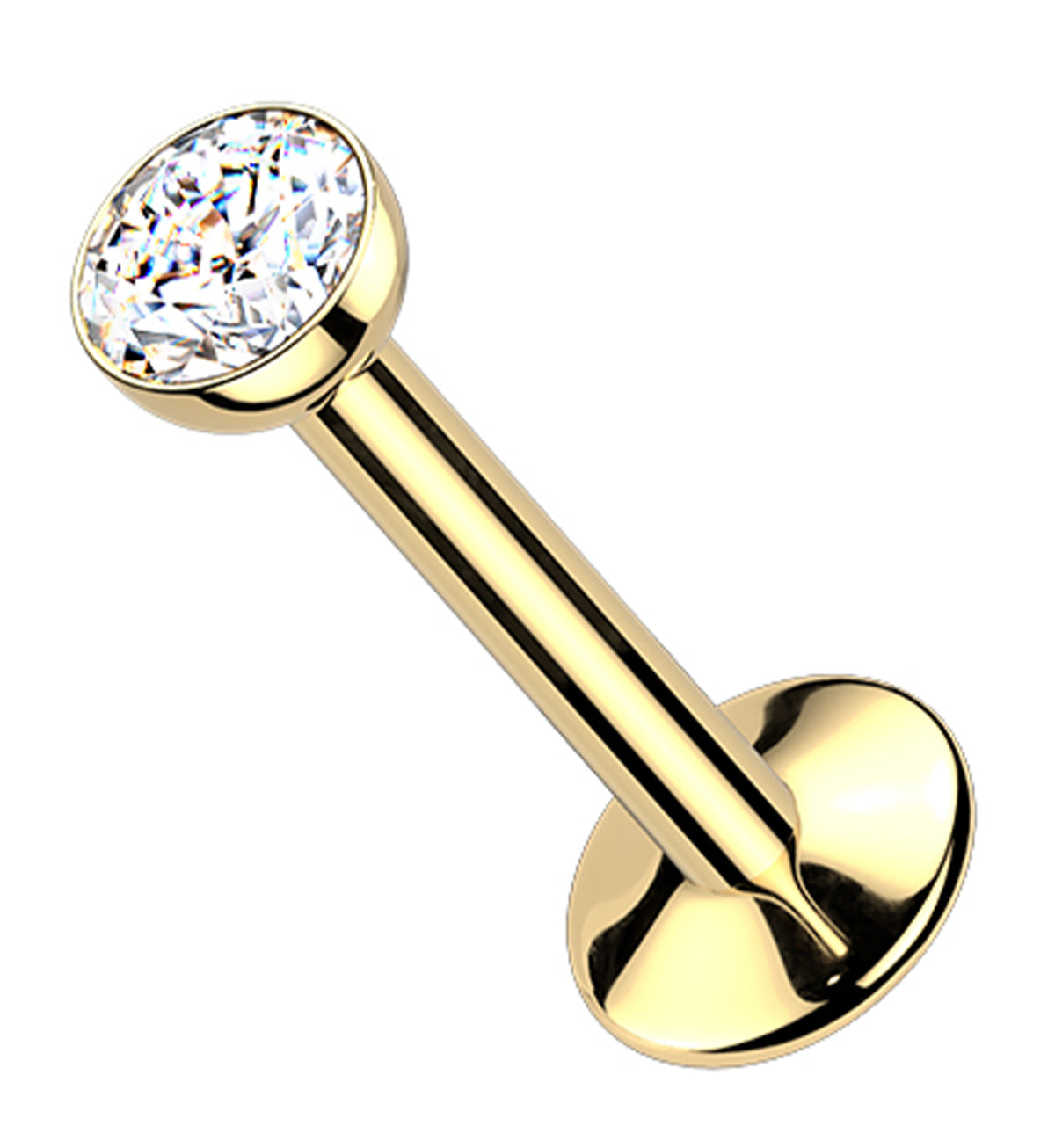 24kt Gold PVD Bezel Clear CZ Internally Threaded Titanium Convex Disk Labret