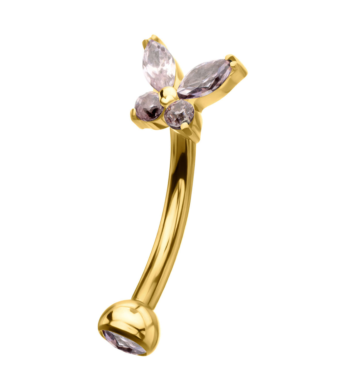 24kt Gold PVD Butterfly Pink CZ Titanium Internally Threaded Curved Barbell