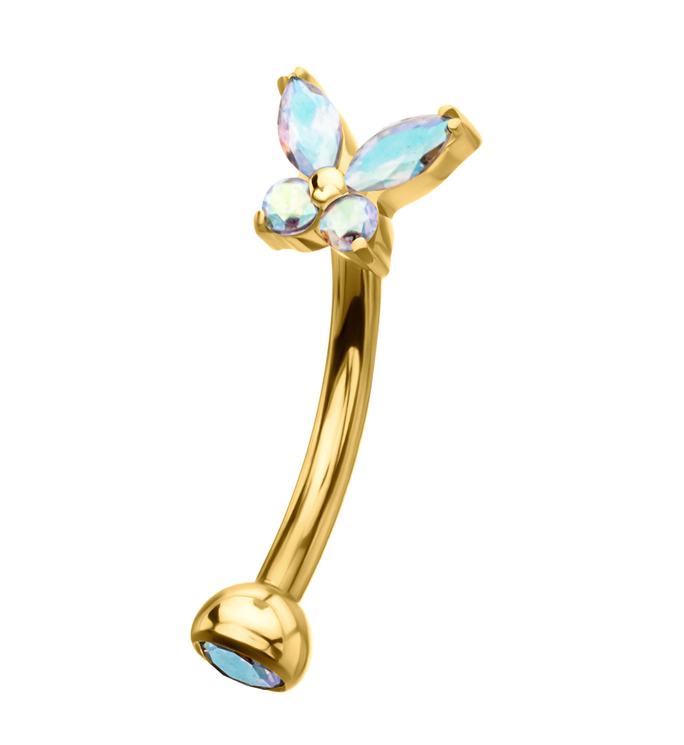 24kt Gold PVD Butterfly Rainbow Aurora CZ Titanium Internally Threaded Curved Barbell