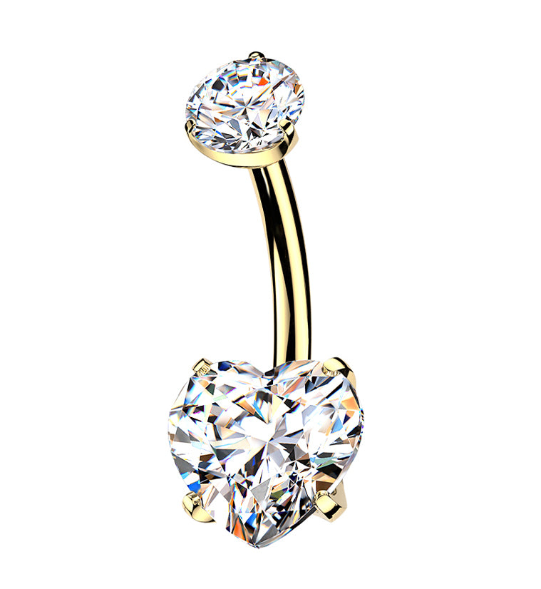 24kt Gold PVD Clear CZ Heart Titanium Internally Threaded Belly Button Ring