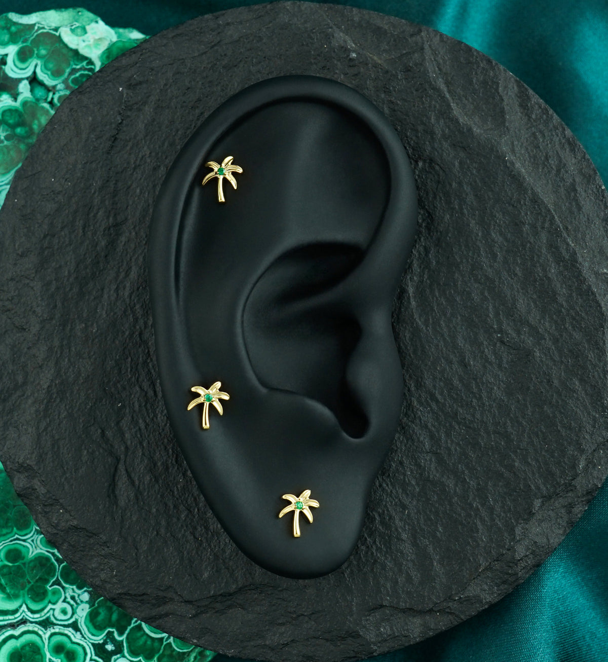 24kt Gold PVD Coastal Palm Emerald CZ Titanium Threadless Top