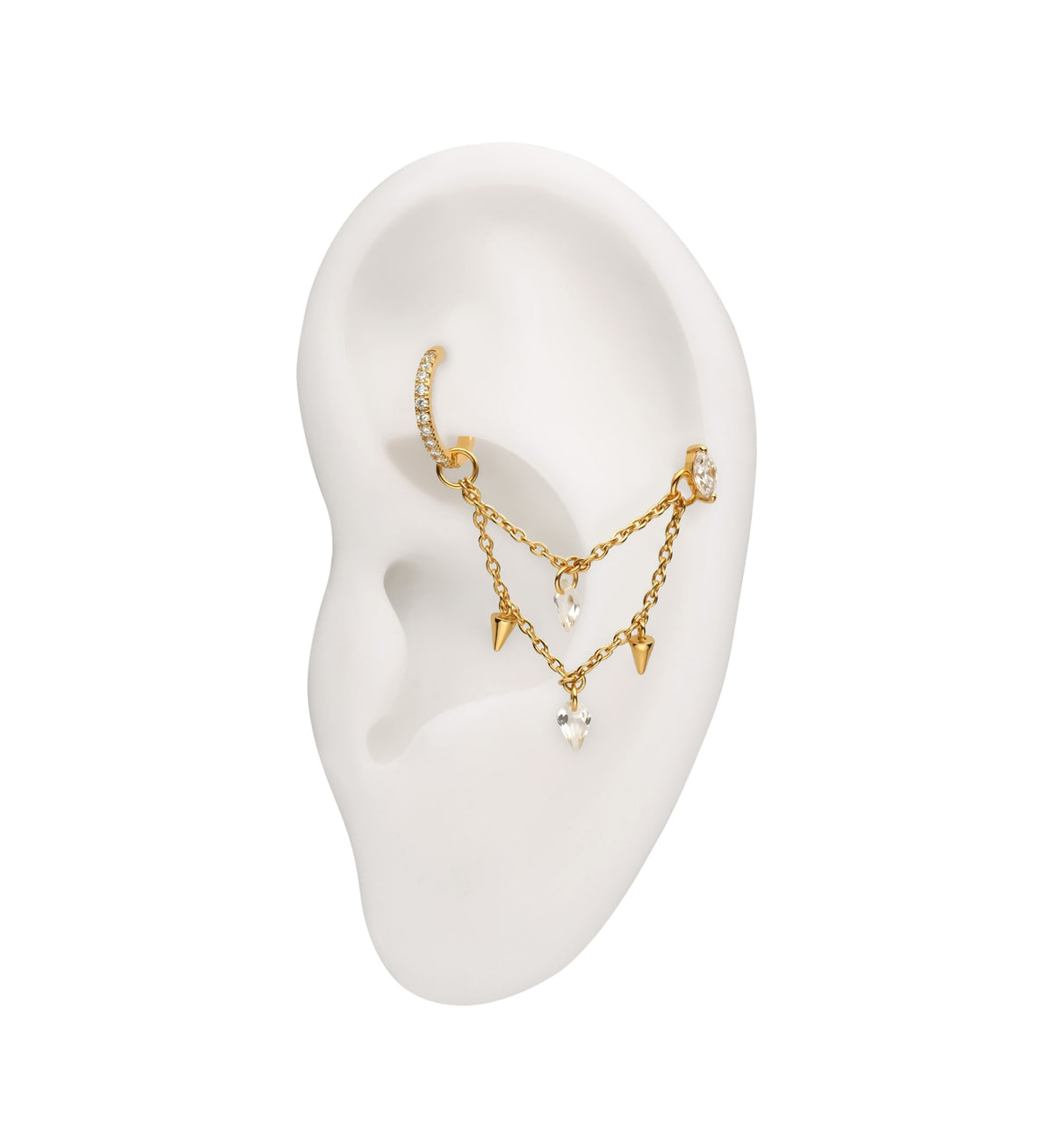 24kt Gold PVD Cone and Dart CZ Dangle Titanium Double Connecting Piercing Chain