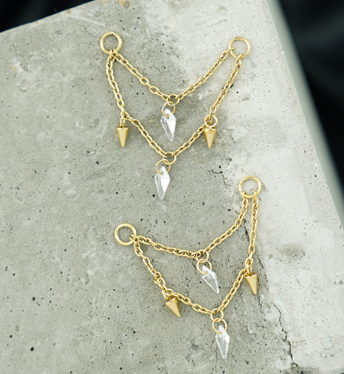 24kt Gold PVD Cone and Dart CZ Dangle Titanium Double Connecting Piercing Chain